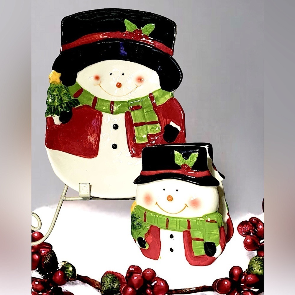 Snowman Kitchen Hand Painted Set Christmas Ceramic Dish Tray Napkin Holder 2 PC